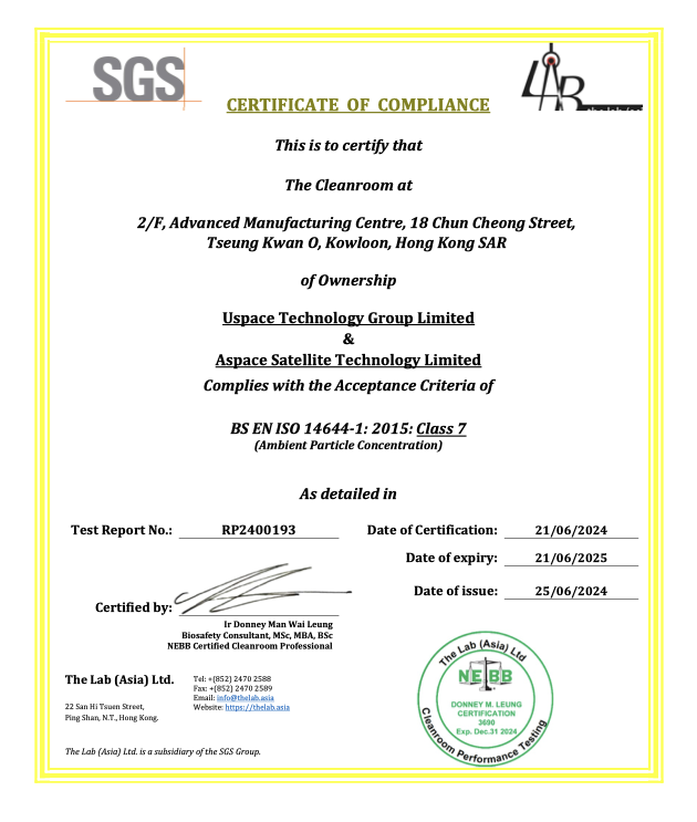 The Cleanroom of USPACE/ASPACE Hong Kong Satellite Manufacturing Center was Awarded ISO14644-1 Class 7 (FED Class 10,000) Cleanliness Certification