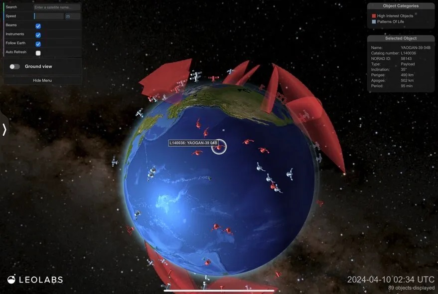 LeoLabs showed a visualization tool at the 39th Space Symposium that shows satellites known to maneuver frequently in red and additional satellites making frequent or unexpected maneuvers in grey. Credit: LeoLabs